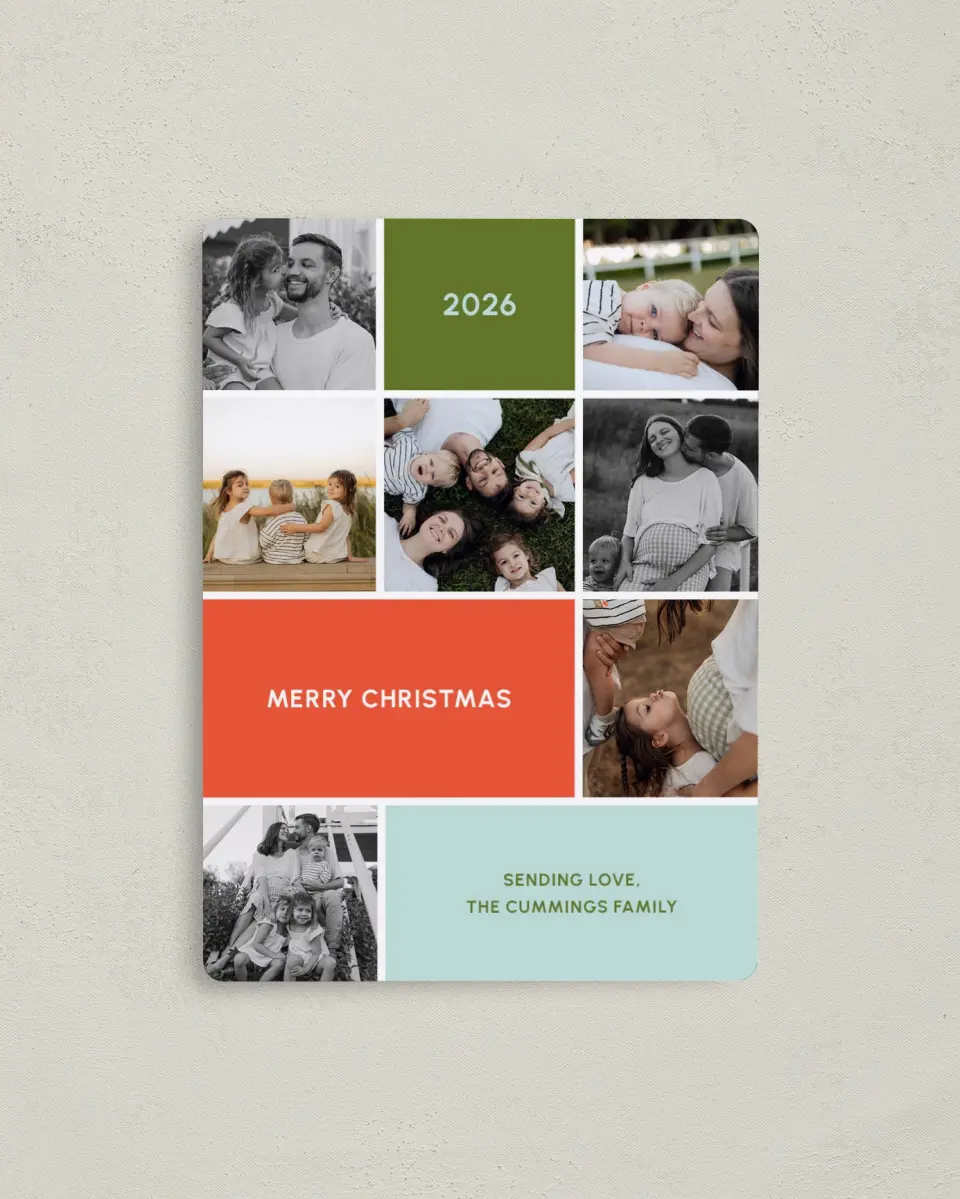 This is a 4" x 5½" Christmas Card called Festive Color Block printed in full color with a Luxe Satin finish