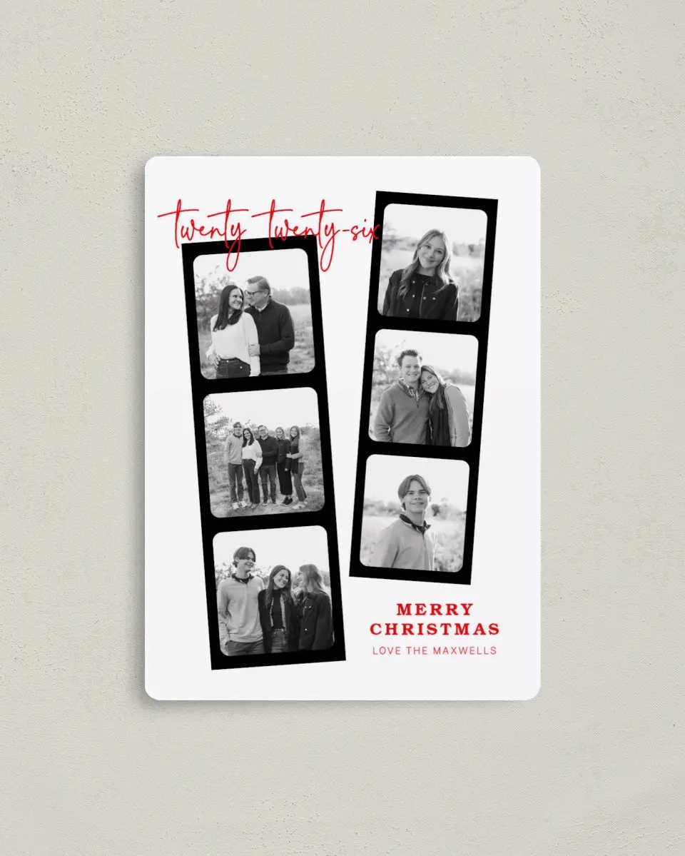 This is a 4" x 5½" Christmas Card called Photographed Joy printed in full color with a Luxe Satin finish