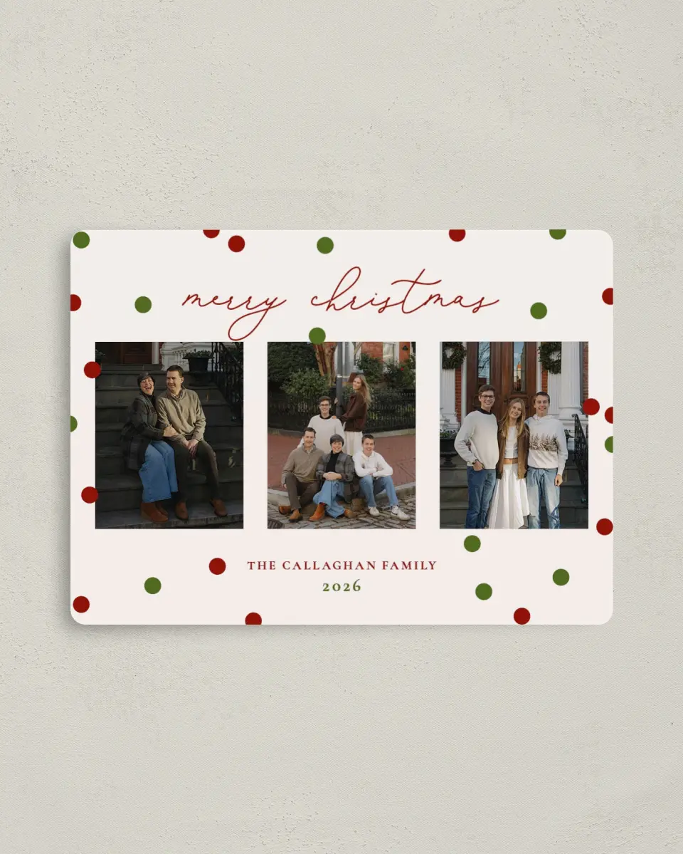 This is a 4" x 5½" Christmas Card called Dotting Around the Tree printed in full color with a Luxe Satin finish