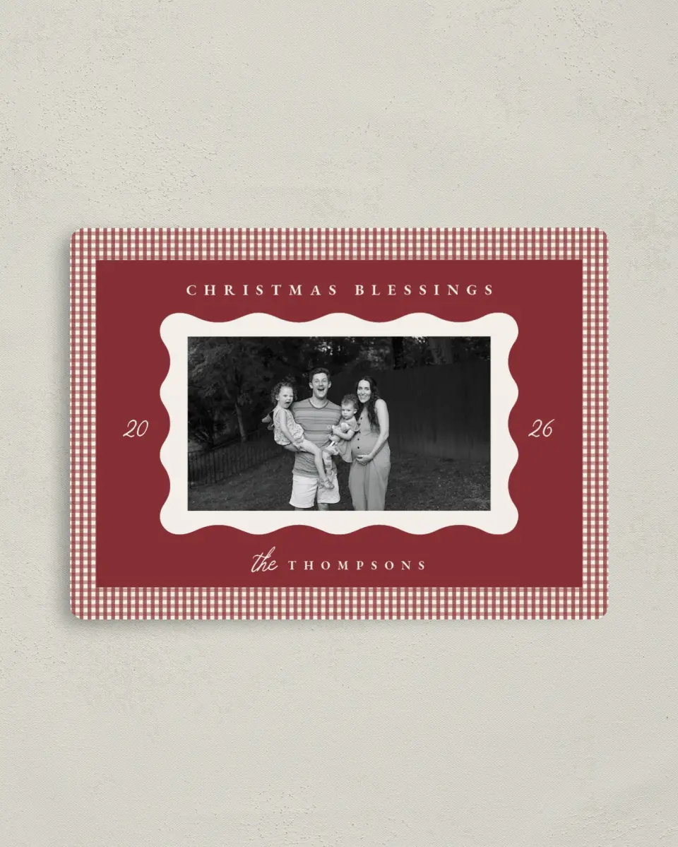 This is a 4" x 5½" Christmas Card called Gingham Greetings printed in full color with a Luxe Satin finish