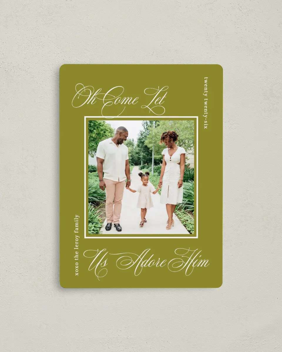 This is a 4" x 5½" Christmas Card called Adoration & Celebration printed in full color with a Luxe Satin finish