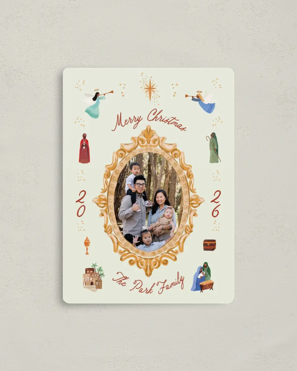 This is a 4" x 5½" Christmas Card called Gloria All Around printed in full color with a Luxe Satin finish