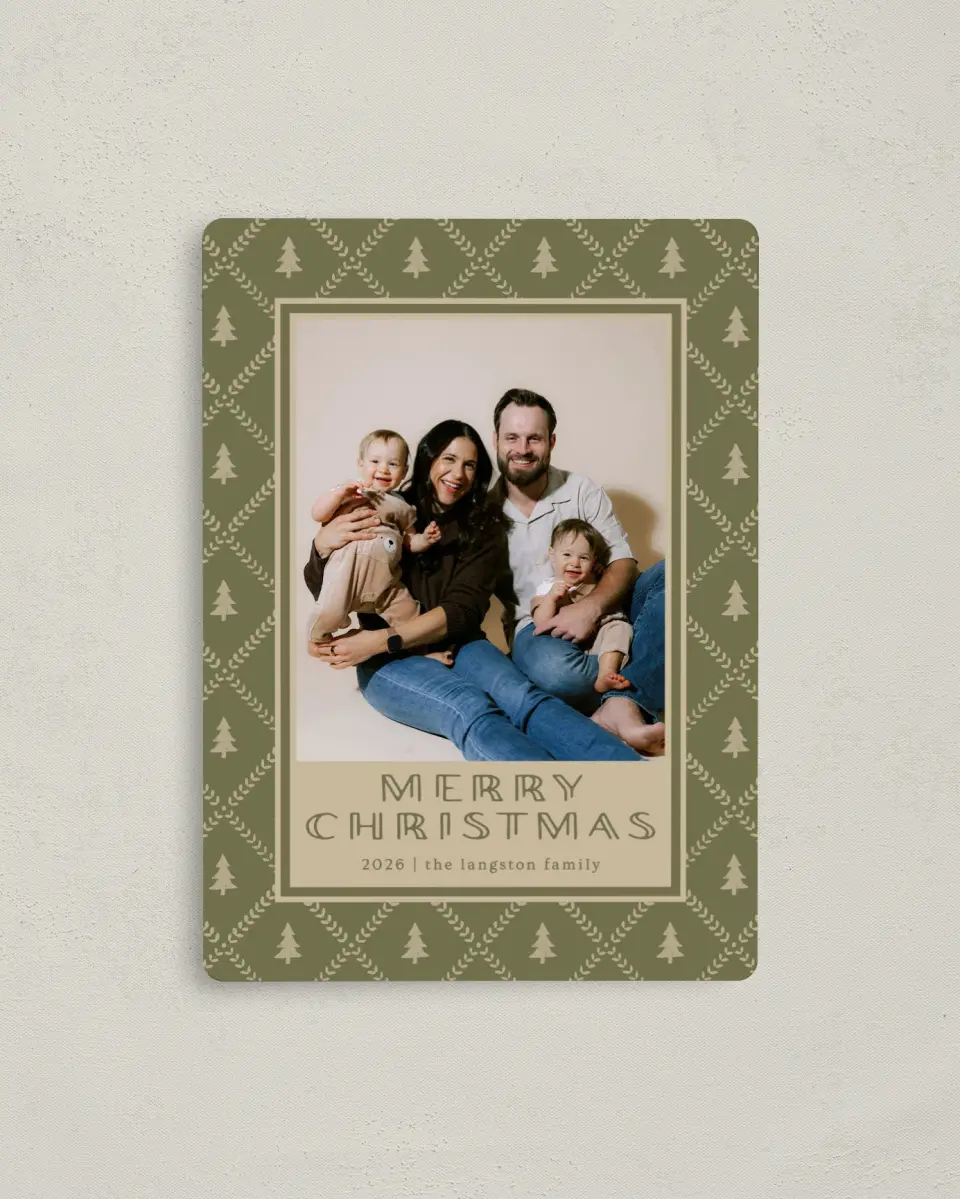 This is a 4" x 5½" Christmas Card called Trees on Trees printed in full color with Silver foil and a Luxe Satin finish