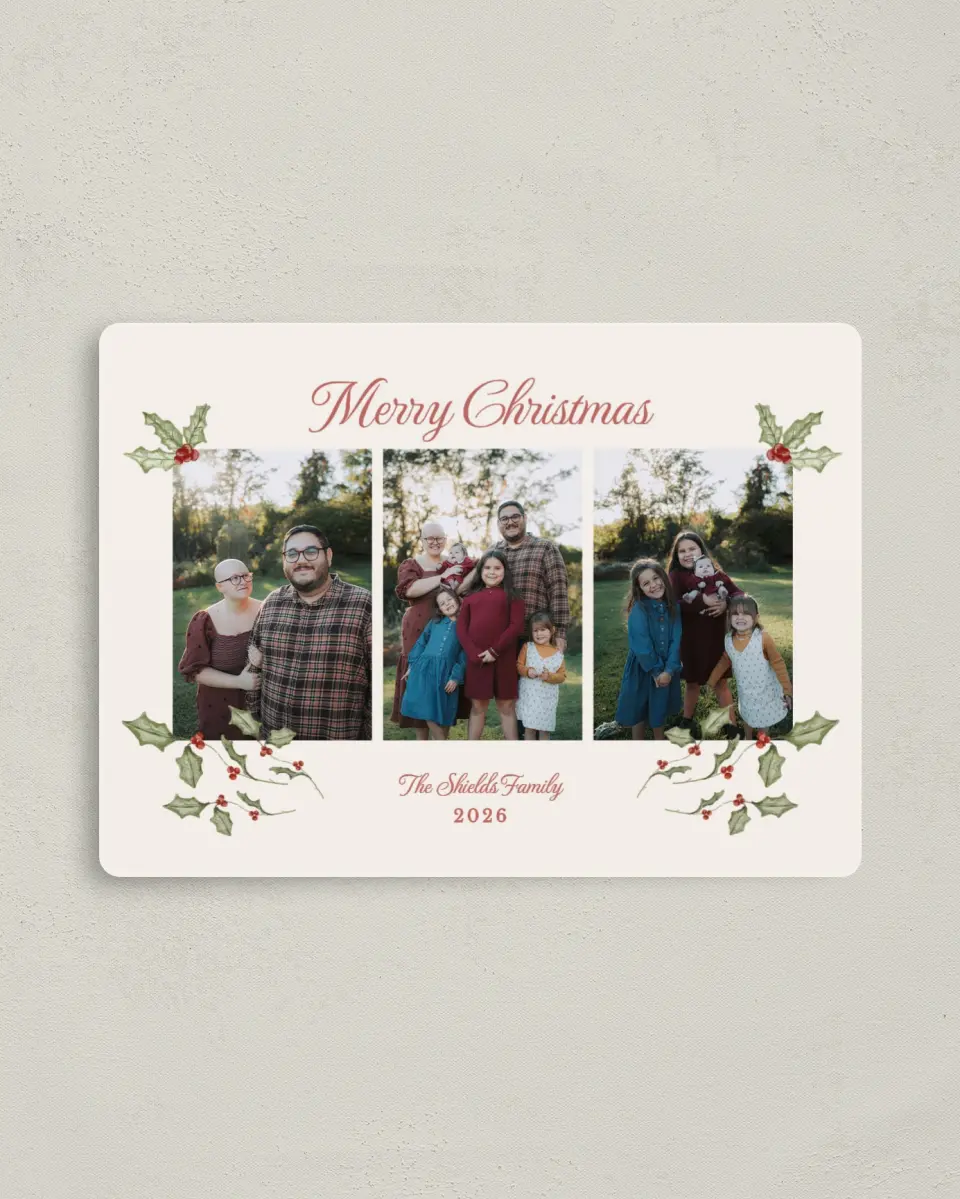 This is a 4" x 5½" Christmas Card called The Holly & the Ivy printed in full color with Silver foil and a Luxe Satin finish