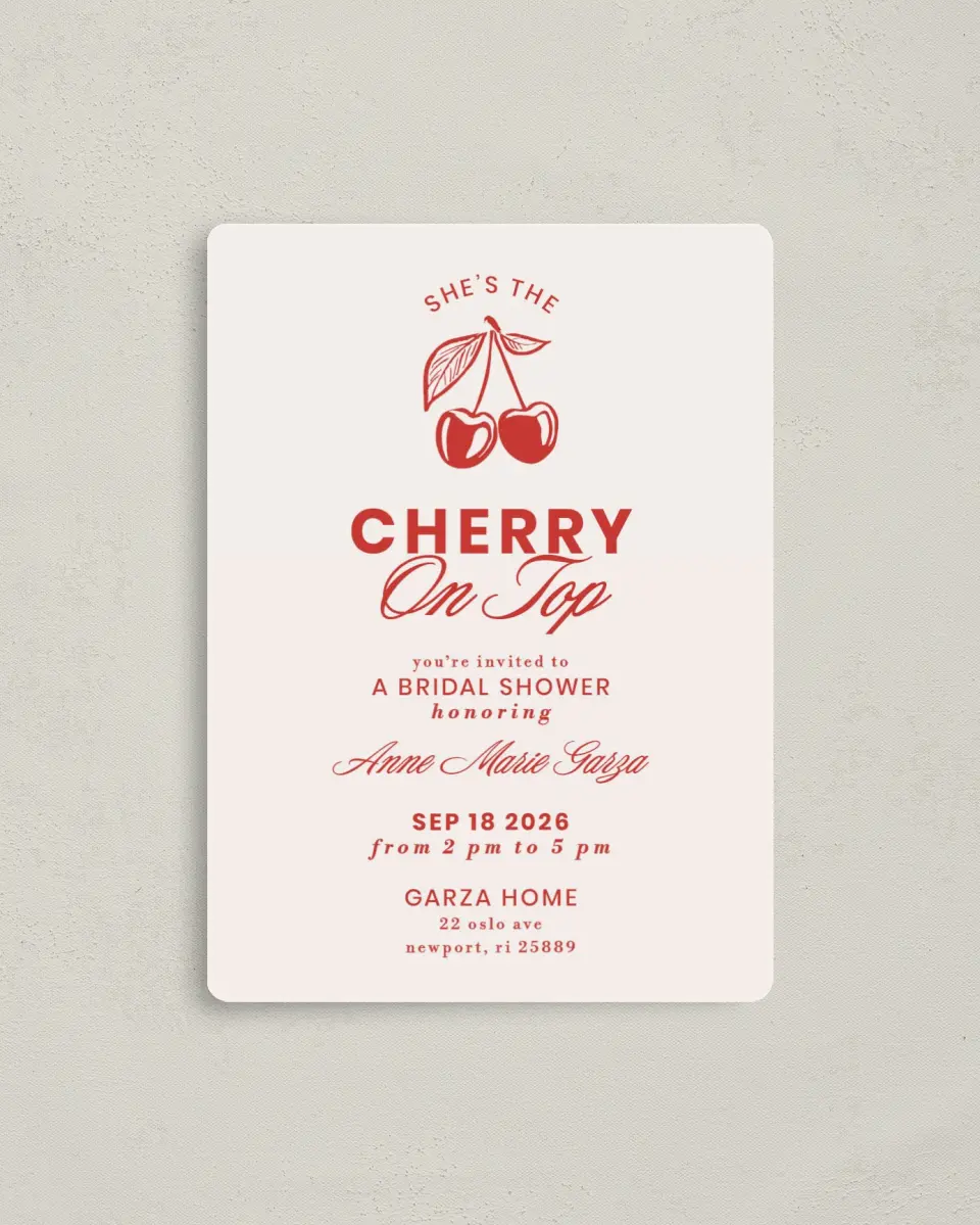 This is a 4" x 5½" Bridal Shower Invitation Magnet called Cherry on Top printed in full color with a Luxe Satin finish