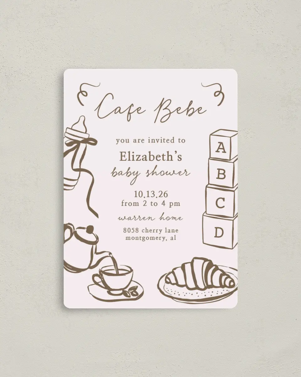 This is a 4" x 5½" Baby Shower Invitation Magnet called Cafe Bebe printed in full color with a Luxe Satin finish