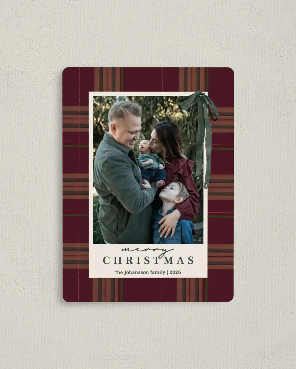 This is a 4" x 5½" Christmas Card called Quiet Luxurious Plaid printed in full color with Rose Gold foil and a Luxe Satin finish