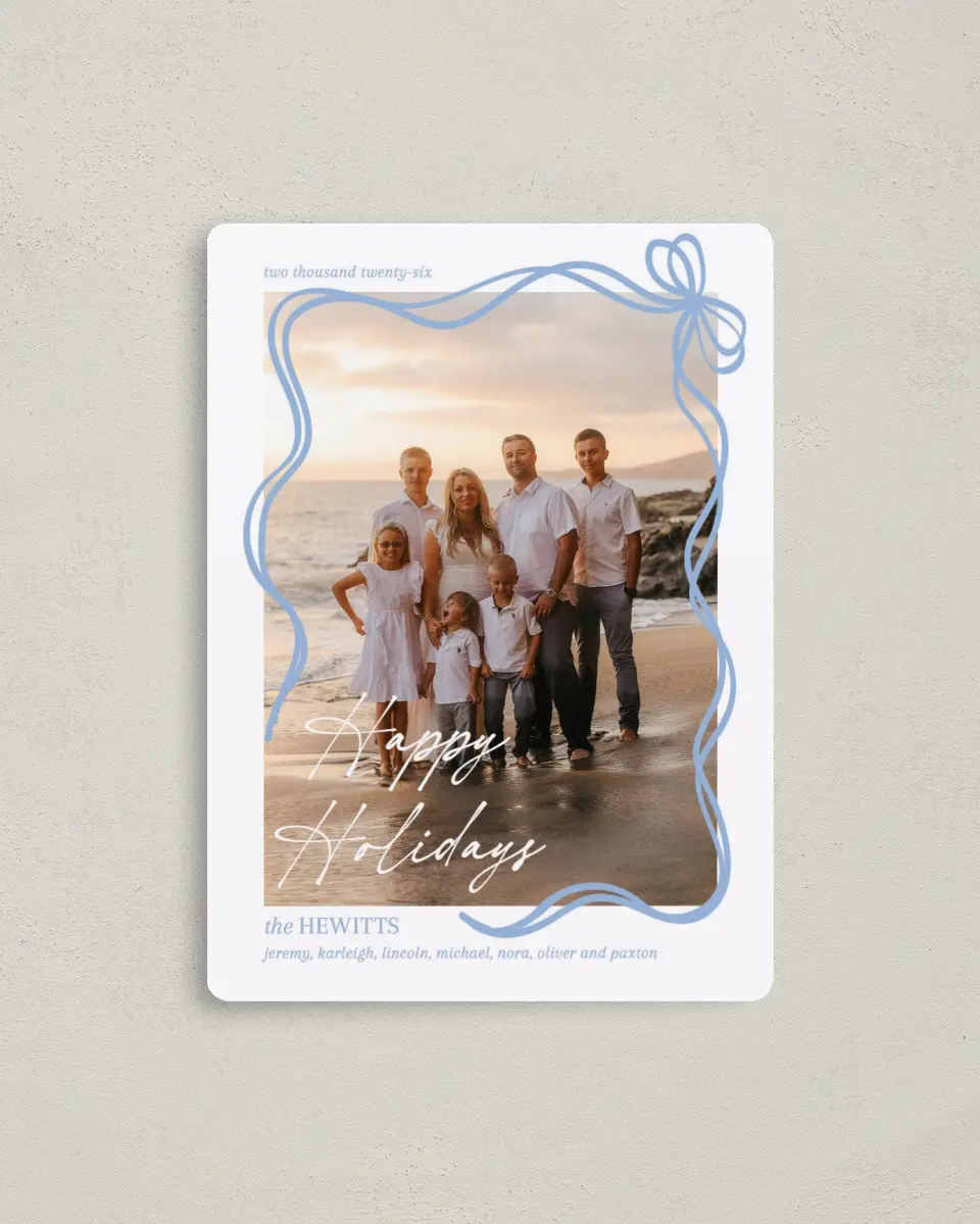 This is a 4" x 5½" Christmas Card called Scribbled Ribbon printed in full color with a Luxe Satin finish