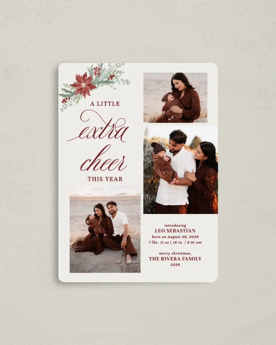 This is a 4" x 5½" Christmas Card called Bundle of Cheer printed in full color with Silver foil and a Luxe Satin finish