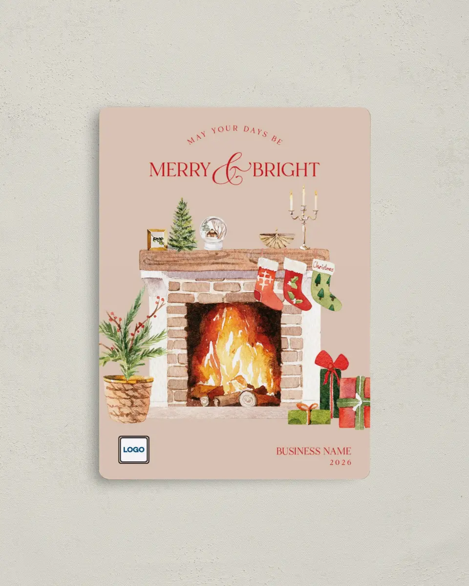 This is a 4" x 5½" Christmas Card called Cozy Fireplace printed in full color with a Luxe Satin finish