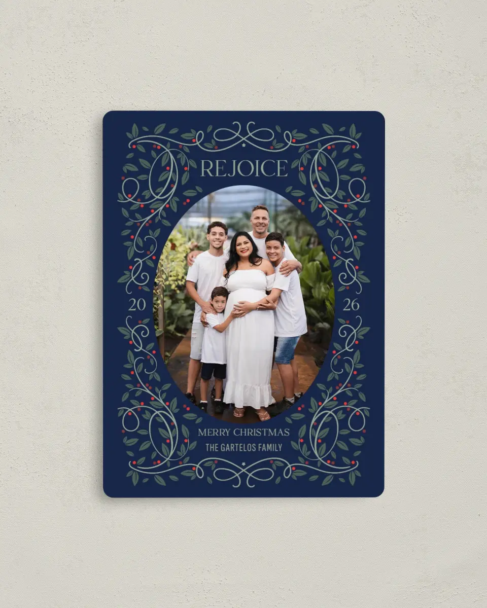 This is a 4" x 5½" Christmas Card called Reverent Botanical Frame printed in full color with a Luxe Satin finish
