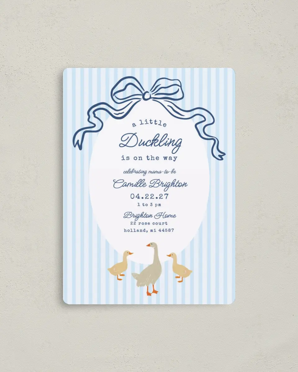 This is a 4" x 5½" Baby Shower Invitation Magnet called Little Duckling printed in full color with Silver foil and a Luxe Satin finish