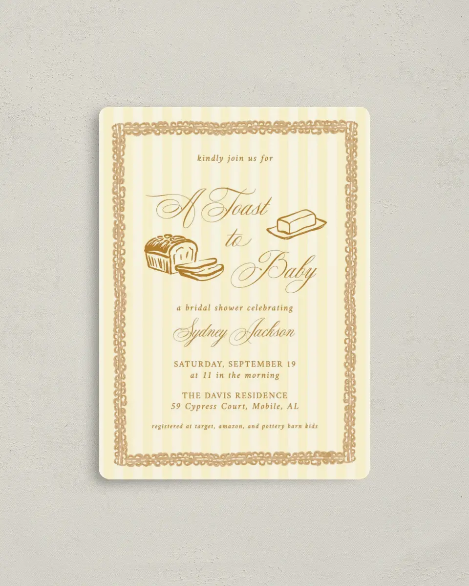 This is a 4" x 5½" Baby Shower Invitation Magnet called Toast to Baby printed in full color with a Luxe Satin finish