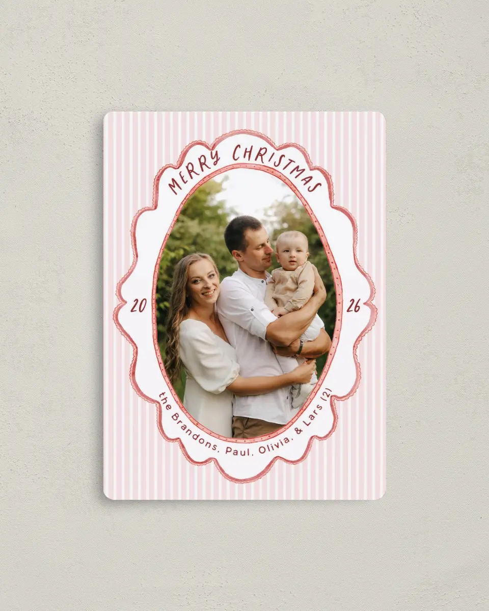 This is a 4" x 5½" Christmas Card called Vintage Scallop printed in full color with Rose Gold foil and a Luxe Satin finish