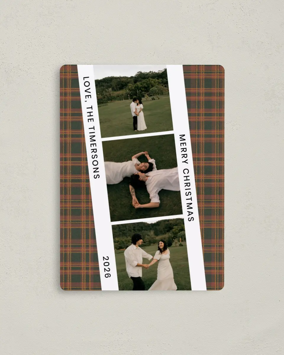 This is a 4" x 5½" Christmas Card called Plaid Film Strip printed in full color with a Luxe Satin finish