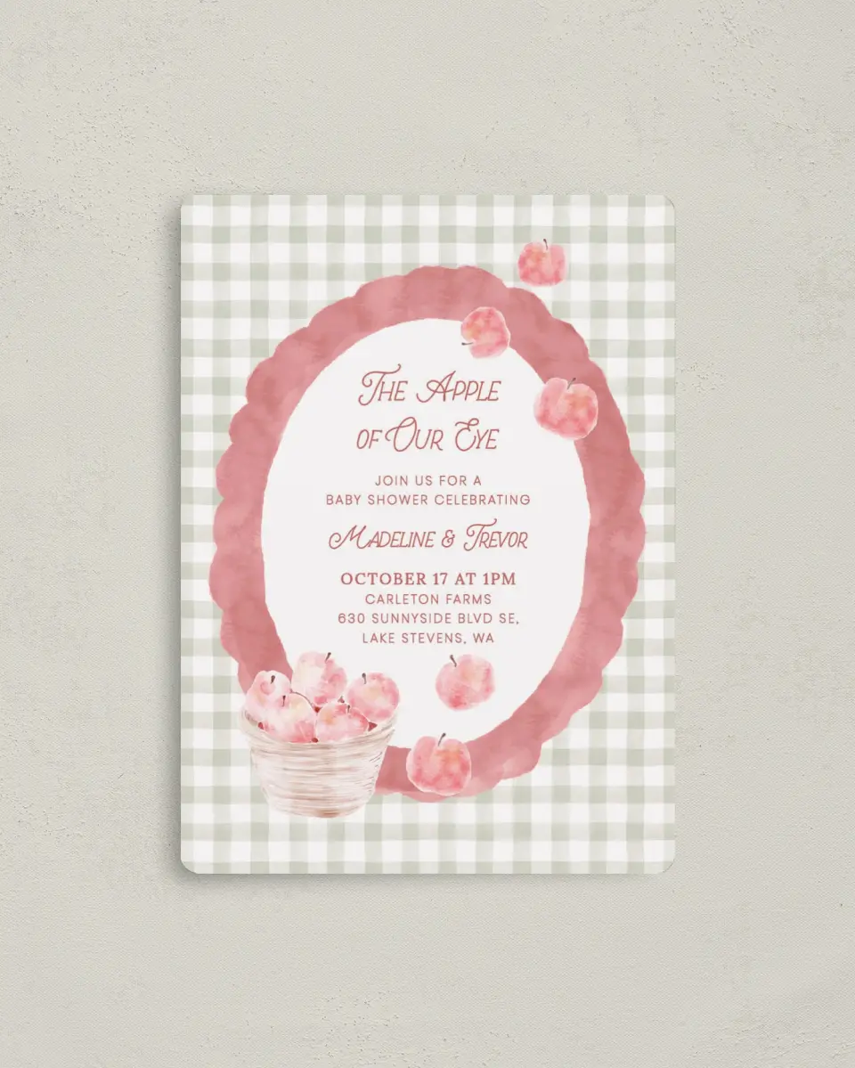 This is a 4" x 5½" Baby Shower Invitation Magnet called Apple of Our Eye printed in full color with a Luxe Satin finish