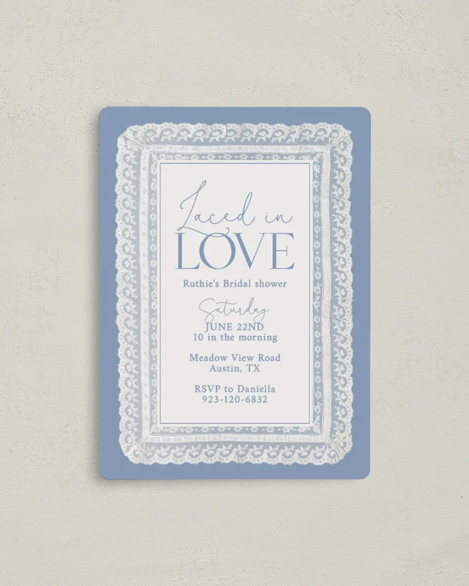 This is a 4" x 5½" Bridal Shower Invitation Magnet called Laced in Love printed in full color with a Luxe Satin finish