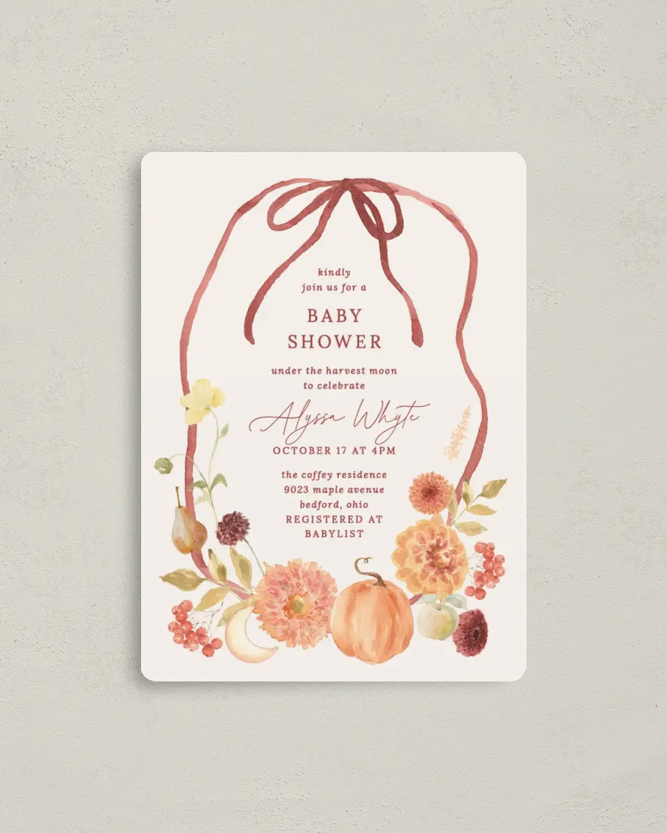 This is a 4" x 5½" Baby Shower Invitation Magnet called Harvest Moon printed in full color with a Luxe Satin finish