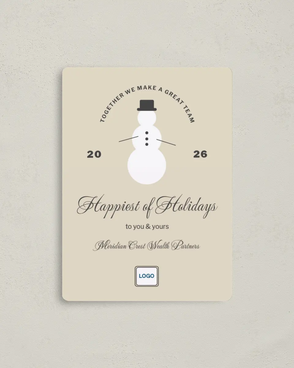 This is a 4" x 5½" Christmas Card called Snowman Salutations printed in full color with a Luxe Satin finish