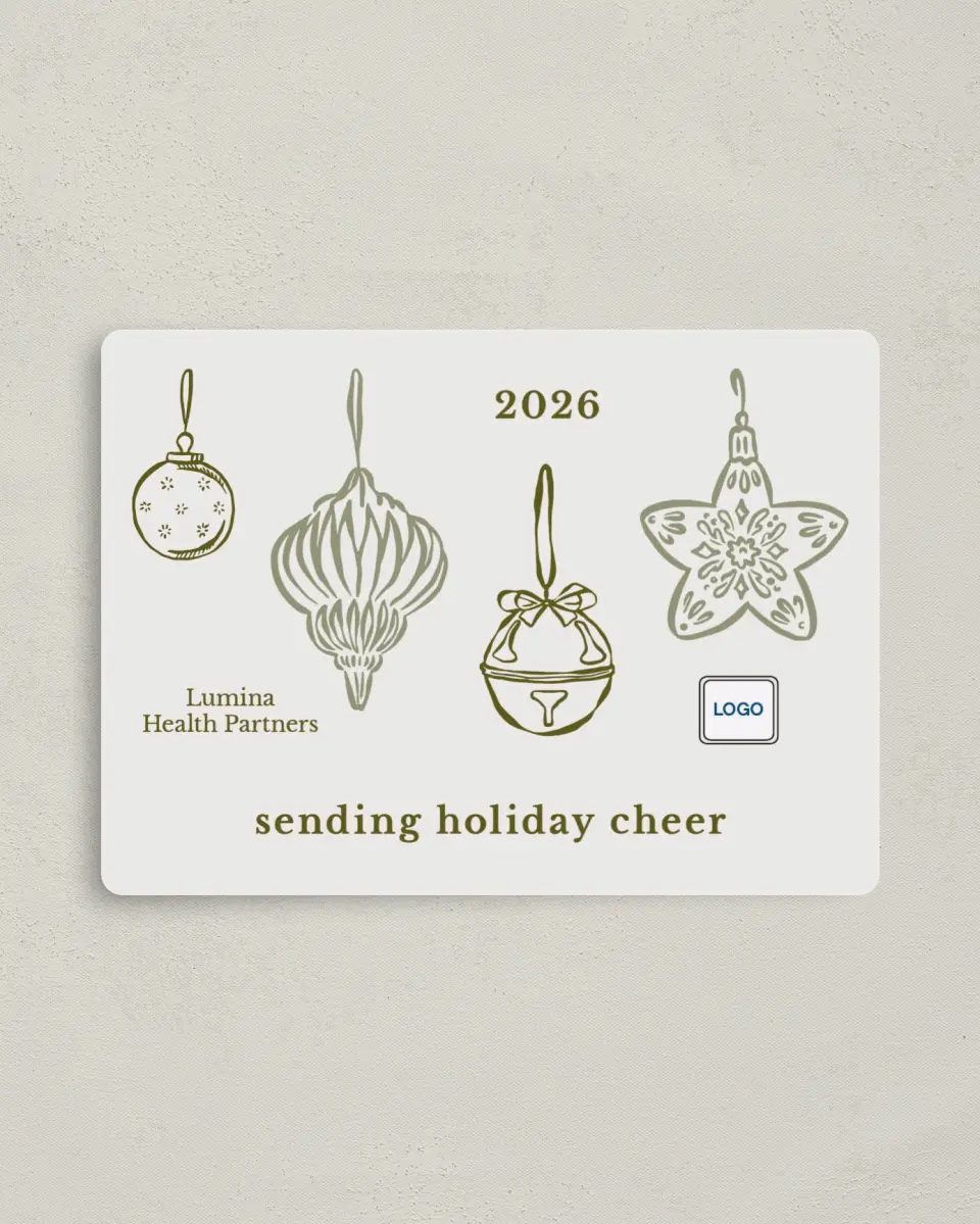 This is a 4" x 5½" Christmas Card called Ornamental Occasion printed in full color with a Luxe Satin finish