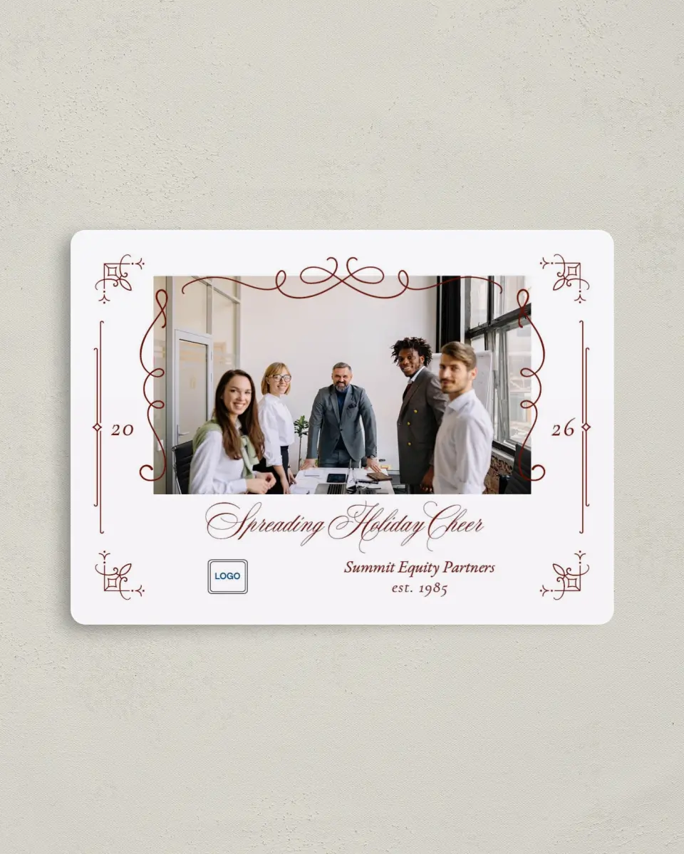 This is a 4" x 5½" Christmas Card called Detailed Deal printed in full color with a Luxe Satin finish