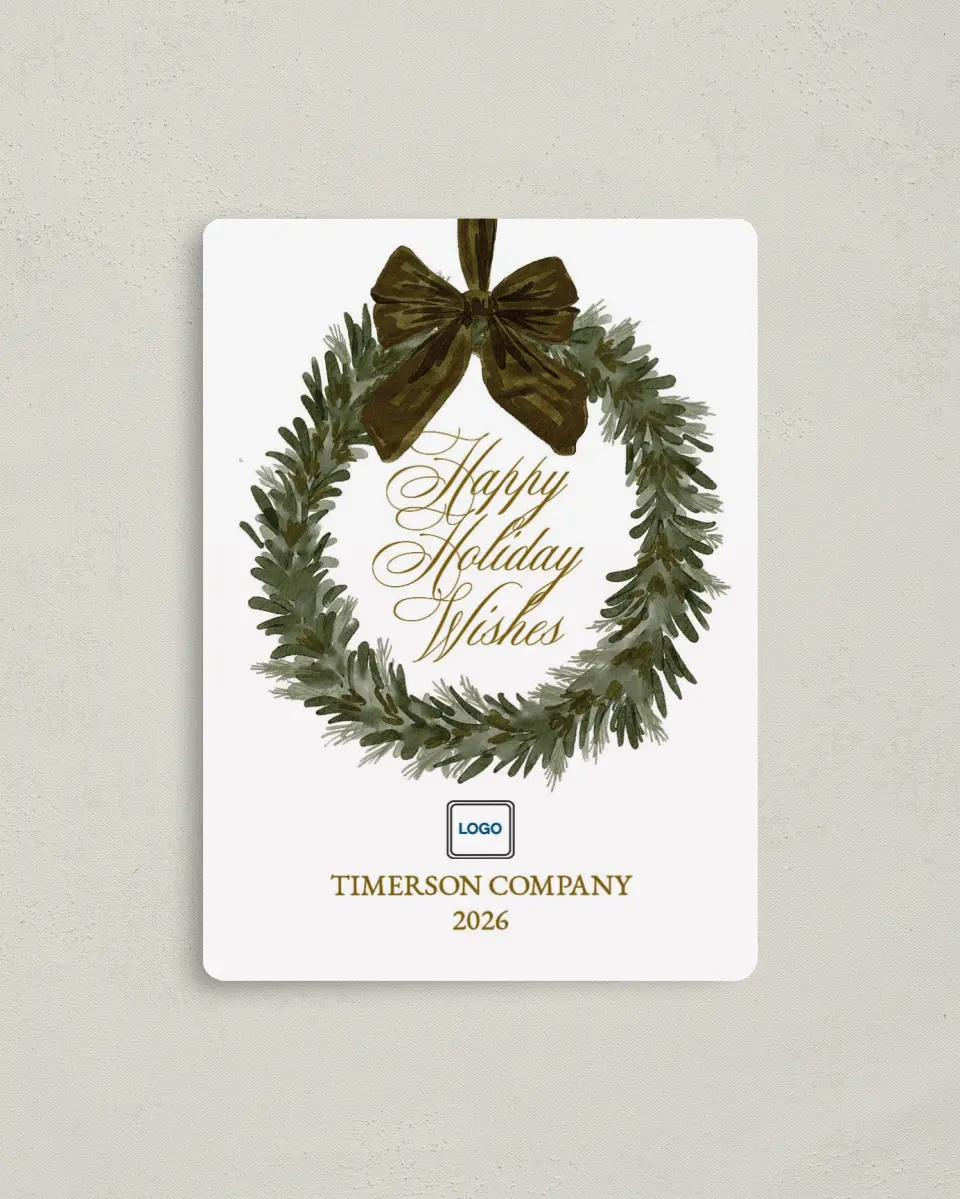 This is a 4" x 5½" Christmas Card called Company Wreath printed in full color with a Luxe Satin finish