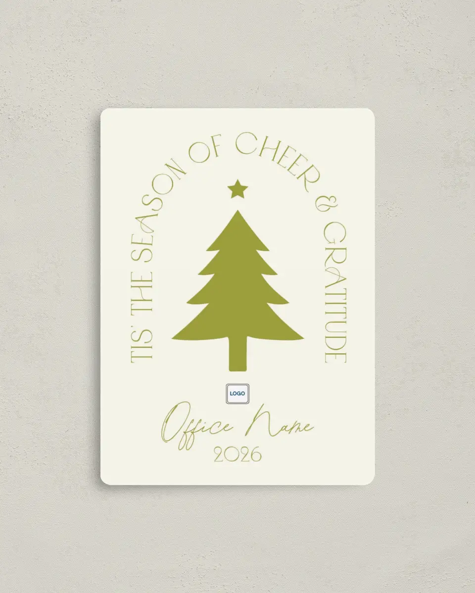 This is a 4" x 5½" Christmas Card called Cheer & Gratitude printed in full color with a Luxe Satin finish