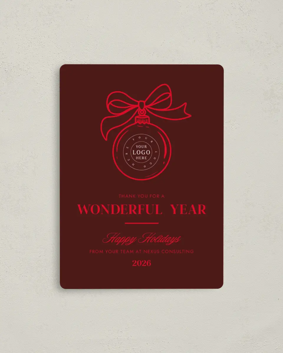 This is a 4" x 5½" Christmas Card called Signature Ornament printed in full color with a Luxe Satin finish