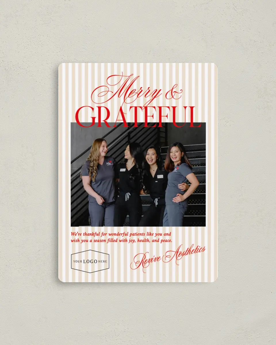 This is a 4" x 5½" Christmas Card called Grateful Wishes printed in full color with a Luxe Satin finish