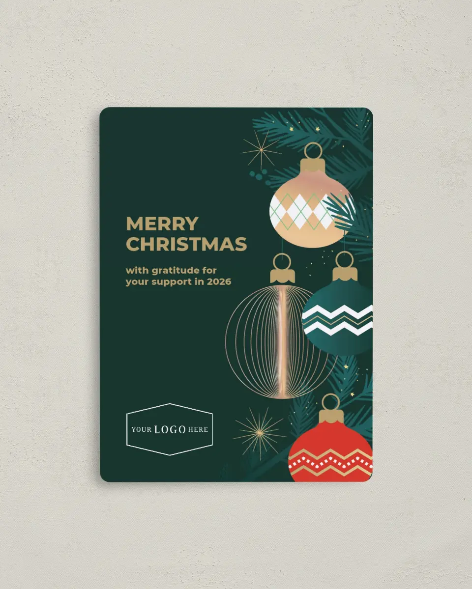 This is a 4" x 5½" Christmas Card called Ornament Glow printed in full color with a Luxe Satin finish