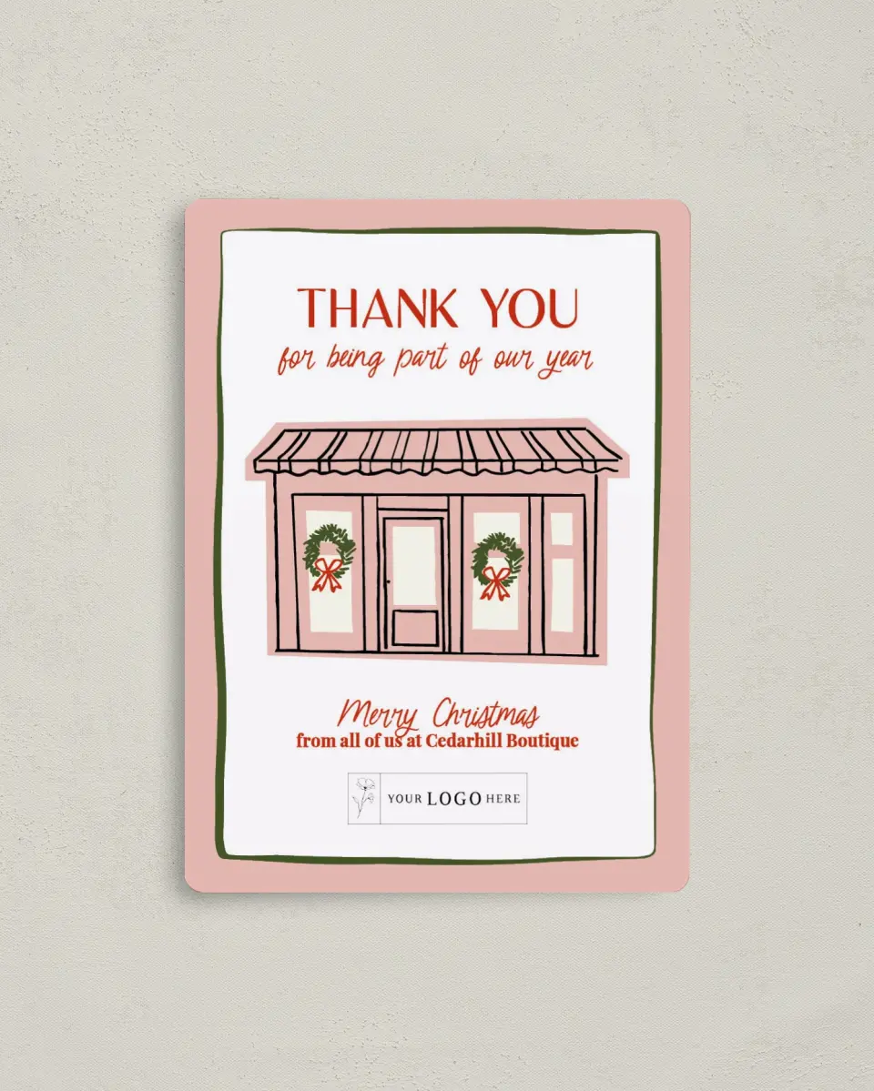 This is a 4" x 5½" Christmas Card called Storefront Spirit printed in full color with a Luxe Satin finish