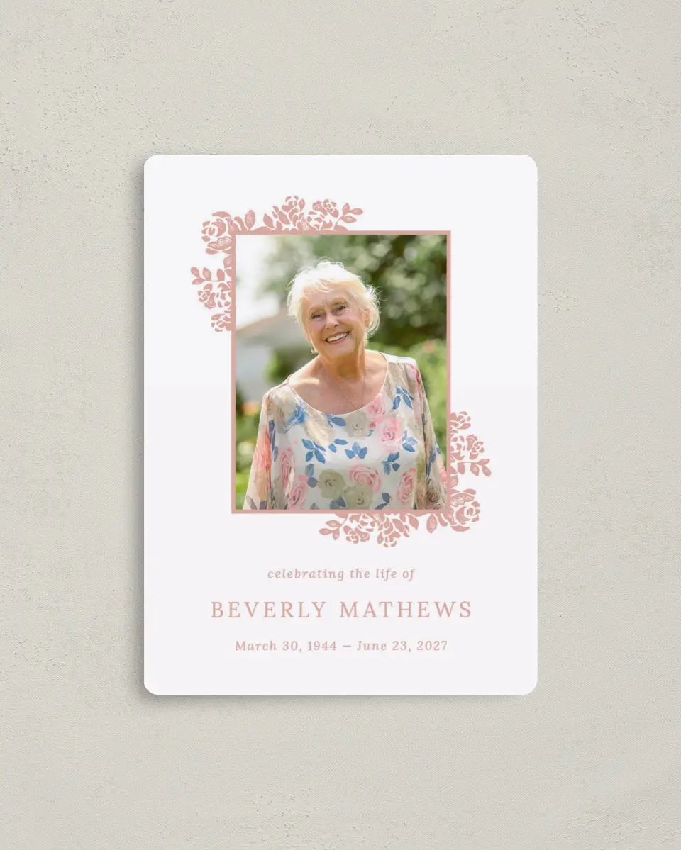 This is a 4" x 5½" Memorial Magnet called Beloved Blooms printed in full color with a Luxe Satin finish