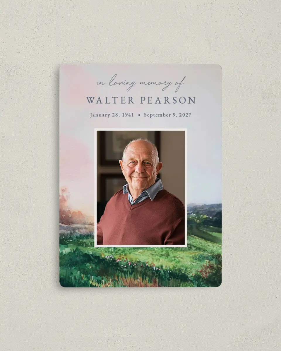This is a 4" x 5½" Memorial Magnet called Peaceful Horizon printed in full color with a Luxe Satin finish