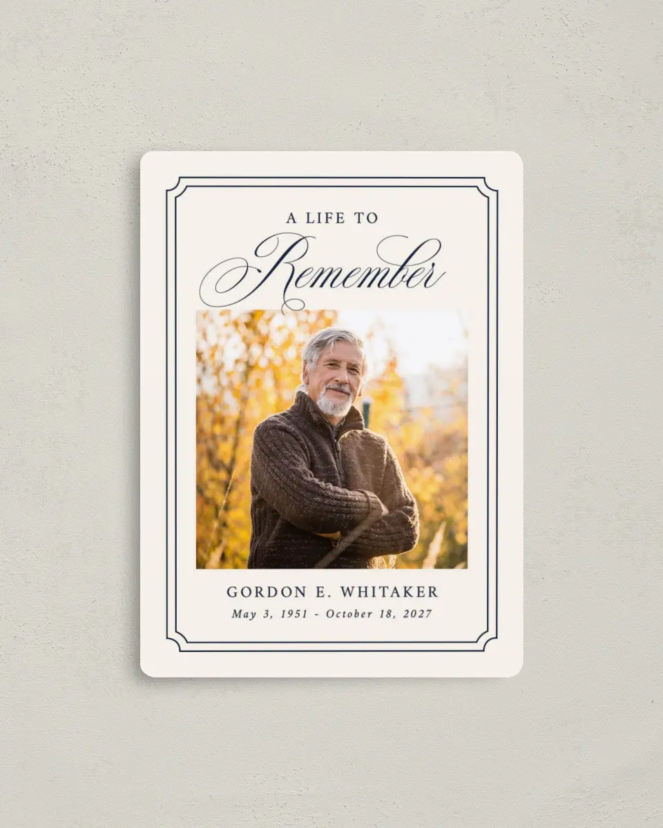 This is a 4" x 5½" Memorial Magnet called Framed Remembrance printed in full color with a Luxe Satin finish