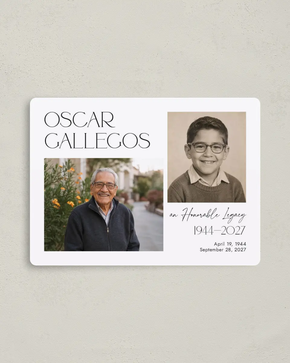 This is a 4" x 5½" Memorial Magnet called Honorable Life printed in full color with a Luxe Satin finish
