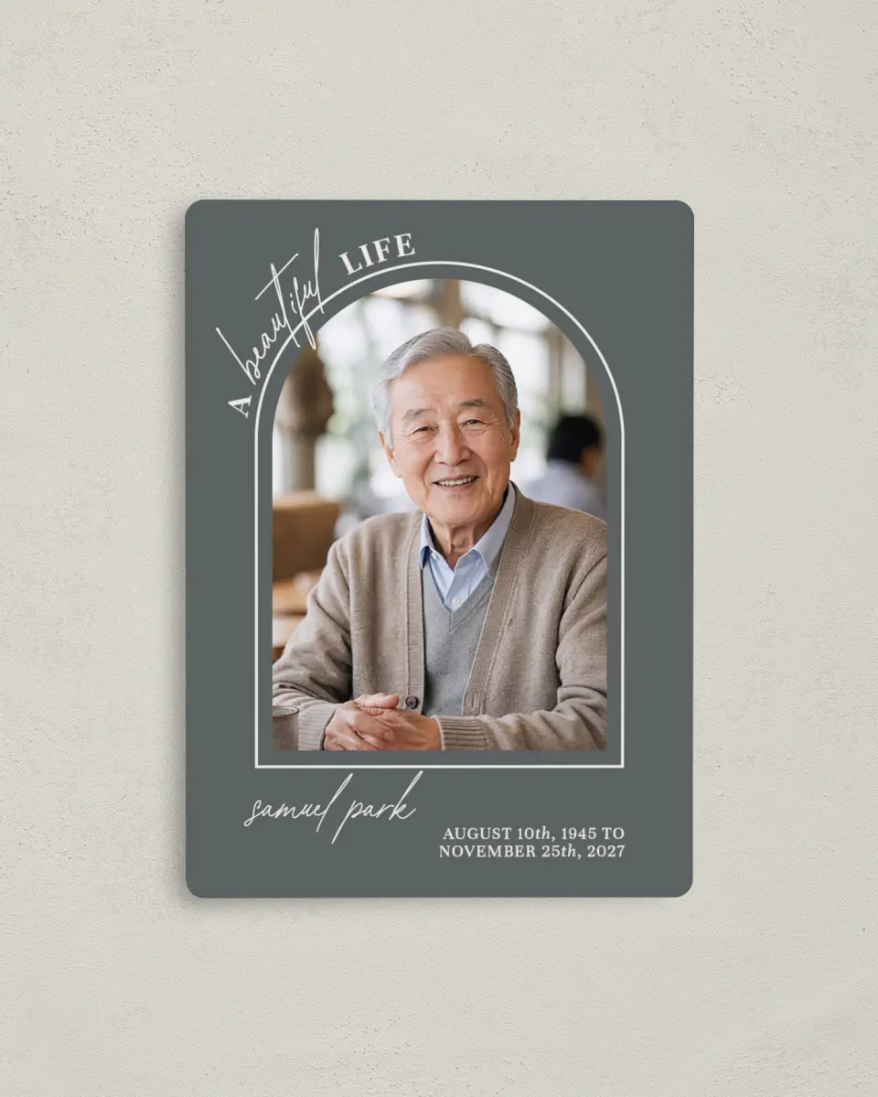 This is a 4" x 5½" Memorial Magnet called Remembered Forever printed in full color with a Luxe Satin finish