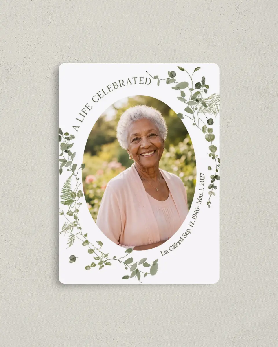 This is a 4" x 5½" Memorial Magnet called Life Legacy printed in full color with a Luxe Satin finish