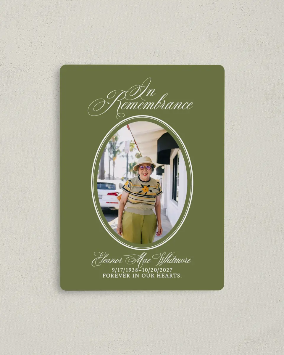 This is a 4" x 5½" Memorial Magnet called In Remembrance printed in full color with a Luxe Satin finish