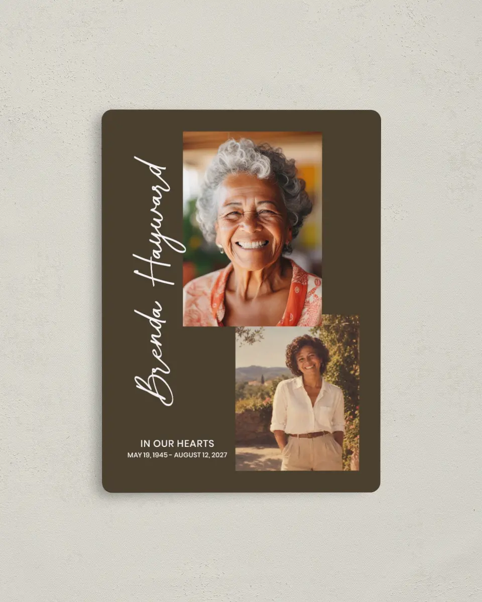 This is a 4" x 5½" Memorial Magnet called In Our Hearts printed in full color with a Luxe Satin finish