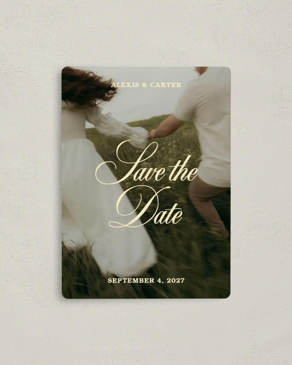This is a 4" x 5½" Save the Date Magnet called Our Happily Ever printed in full color with a Luxe Satin finish