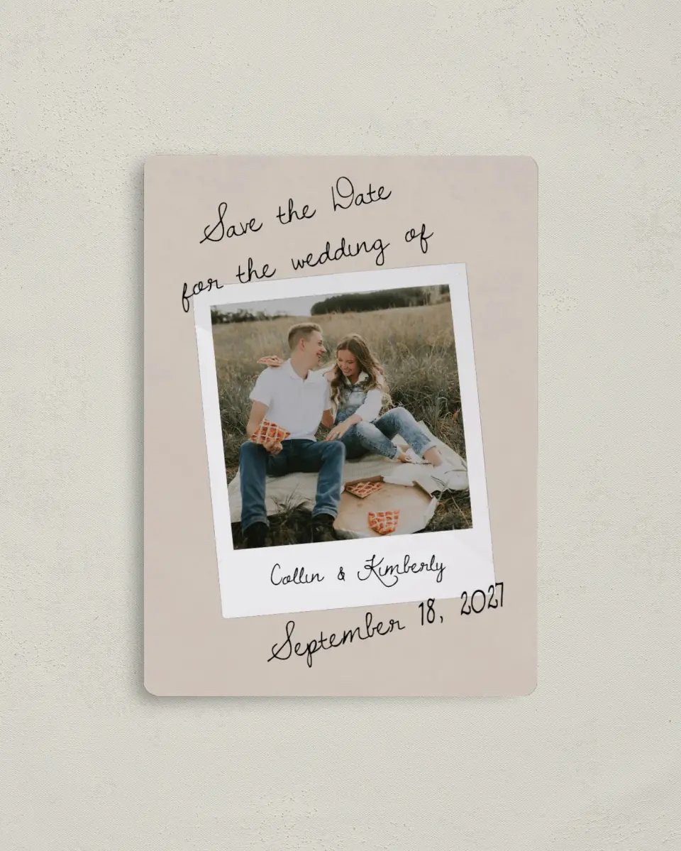 This is a 4" x 5½" Save the Date Magnet called Love Note printed in full color with a Luxe Satin finish