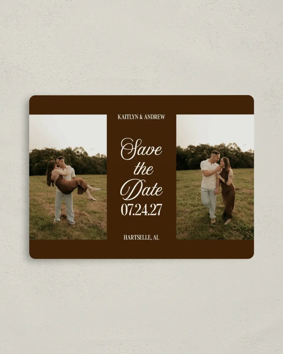 This is a 4" x 5½" Save the Date Magnet called Forevermore printed in full color with a Luxe Satin finish