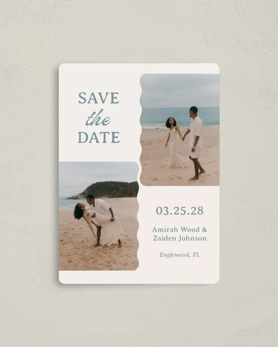 This is a 4" x 5½" Save the Date Magnet called Modern Muse printed in full color with a Luxe Satin finish