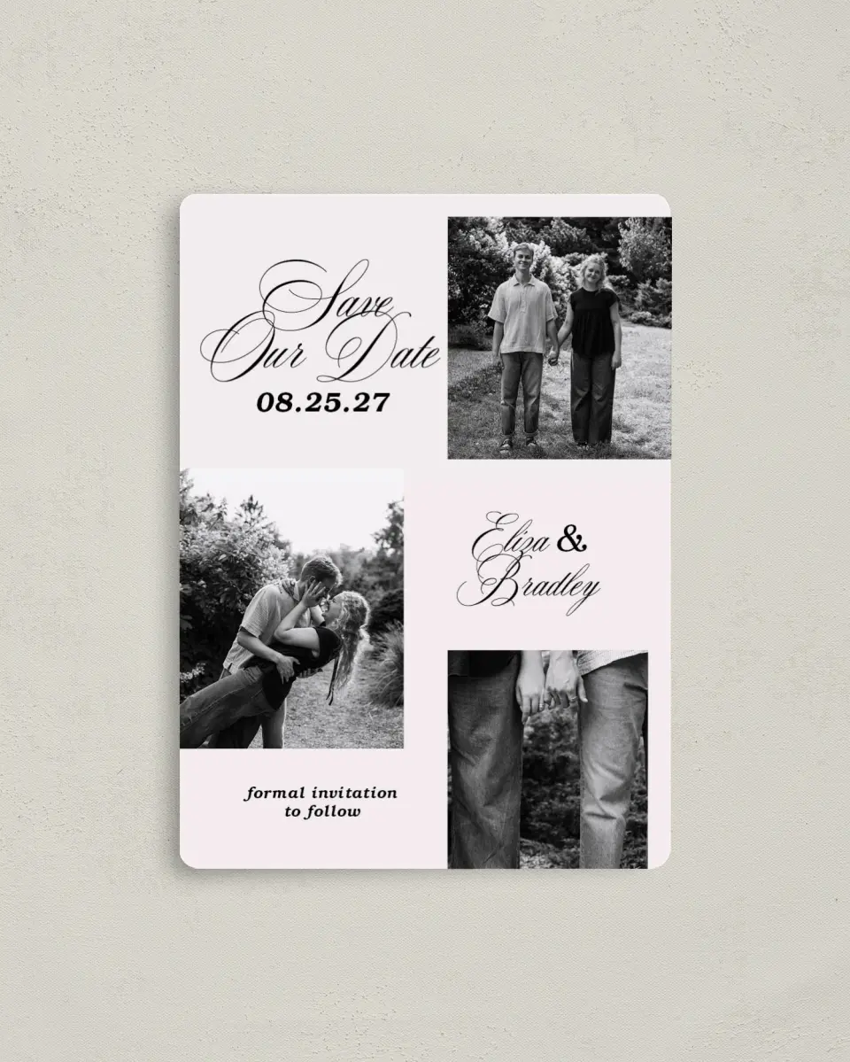 This is a 4" x 5½" Save the Date Magnet called Loving You printed in full color with a Luxe Satin finish