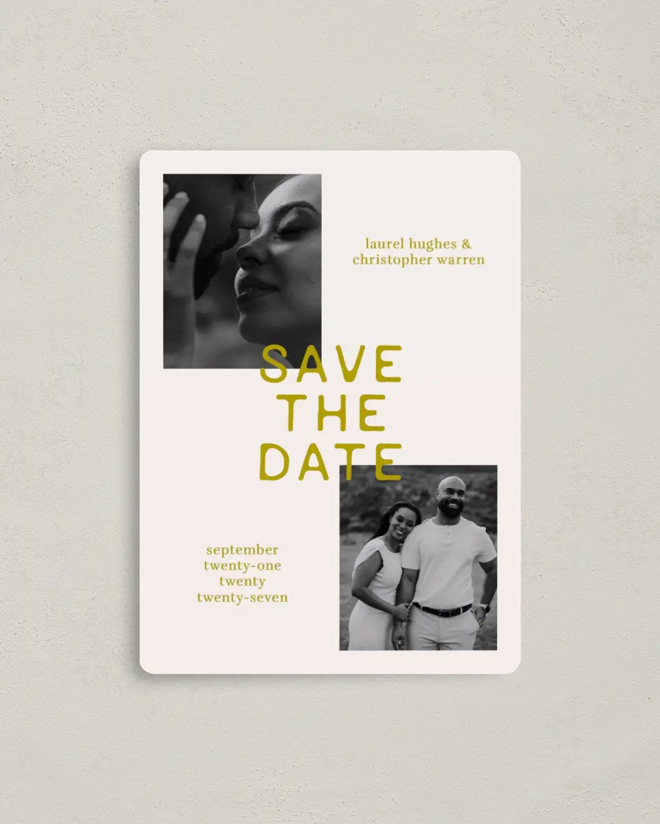 This is a 4" x 5½" Save the Date Magnet called Bright Love printed in full color with a Luxe Satin finish