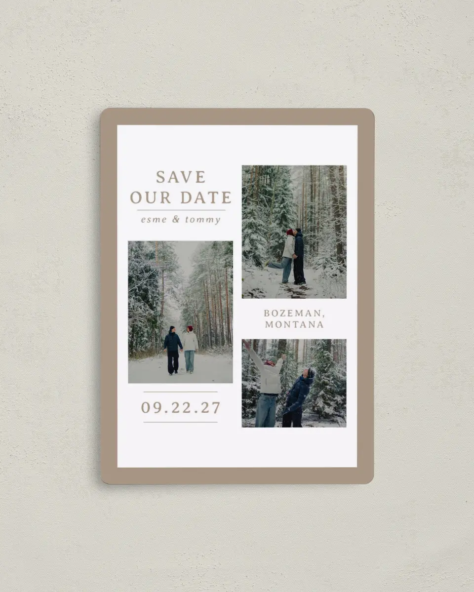 This is a 4" x 5½" Save the Date Magnet called Love in the Snow printed in full color with a Luxe Satin finish