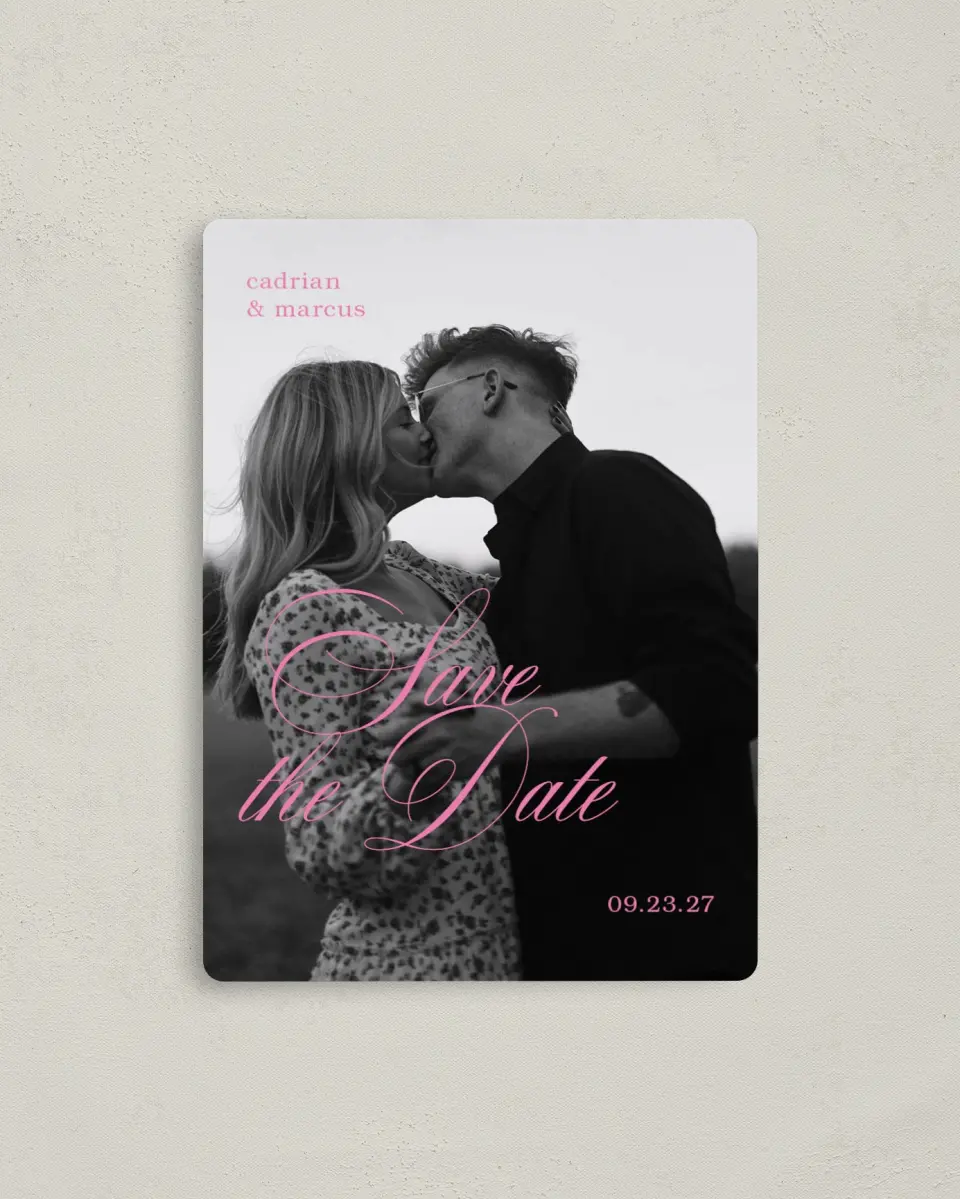 This is a 4" x 5½" Save the Date Magnet called Sweet Embrace printed in full color with a Luxe Satin finish