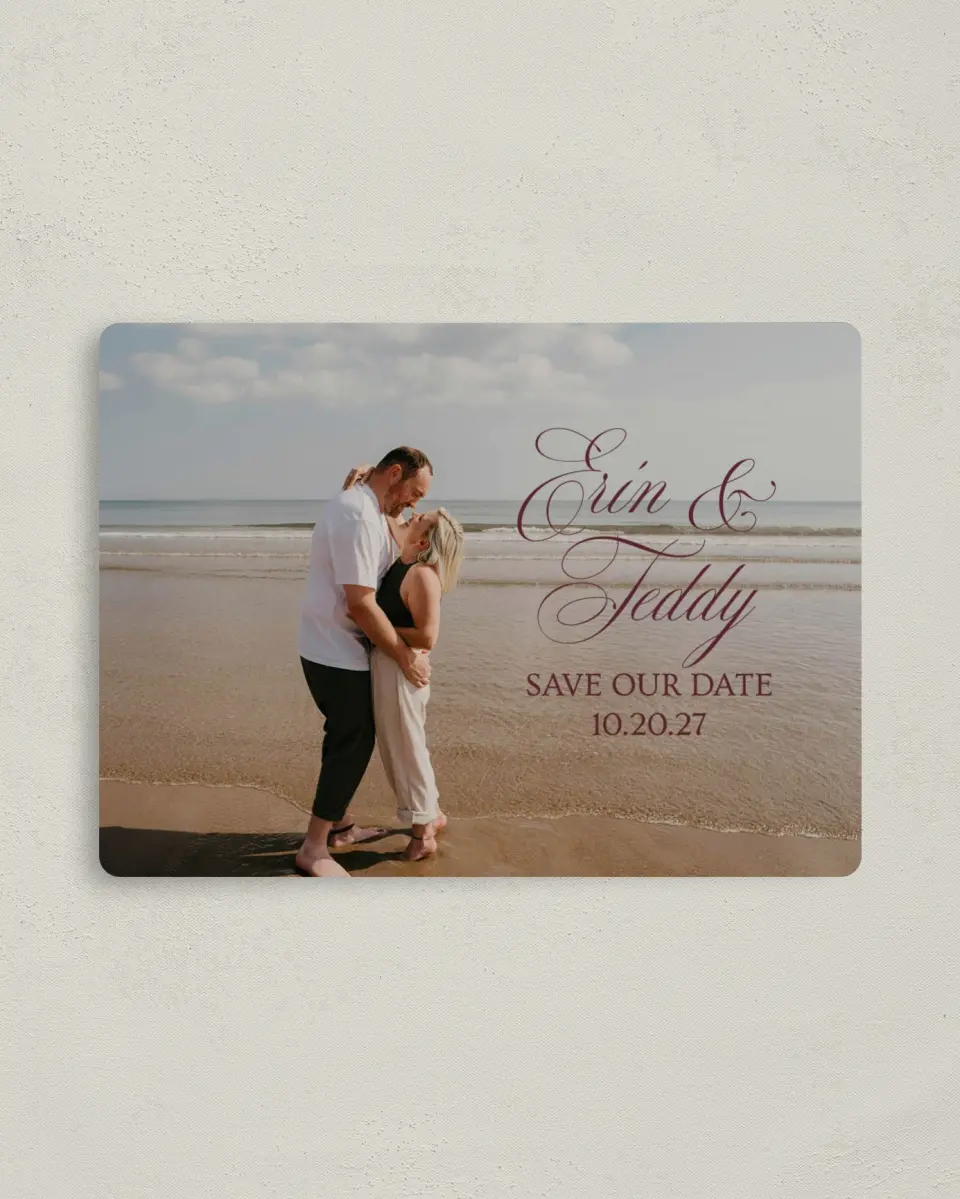 This is a 4" x 5½" Save the Date Magnet called Written in Love printed in full color with a Luxe Satin finish