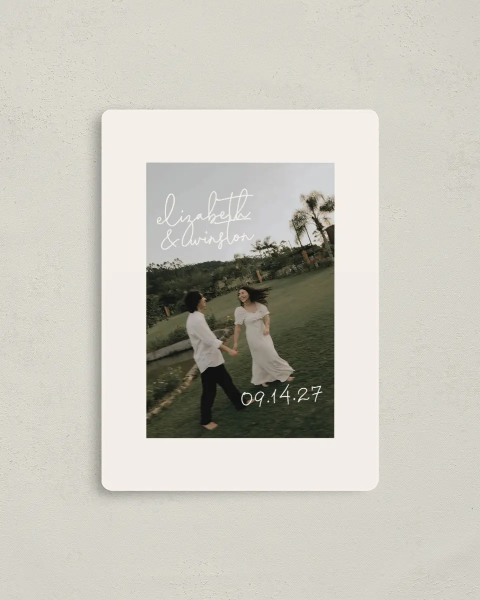 This is a 4" x 5½" Save the Date Magnet called Chasing Love printed in full color with a Luxe Satin finish