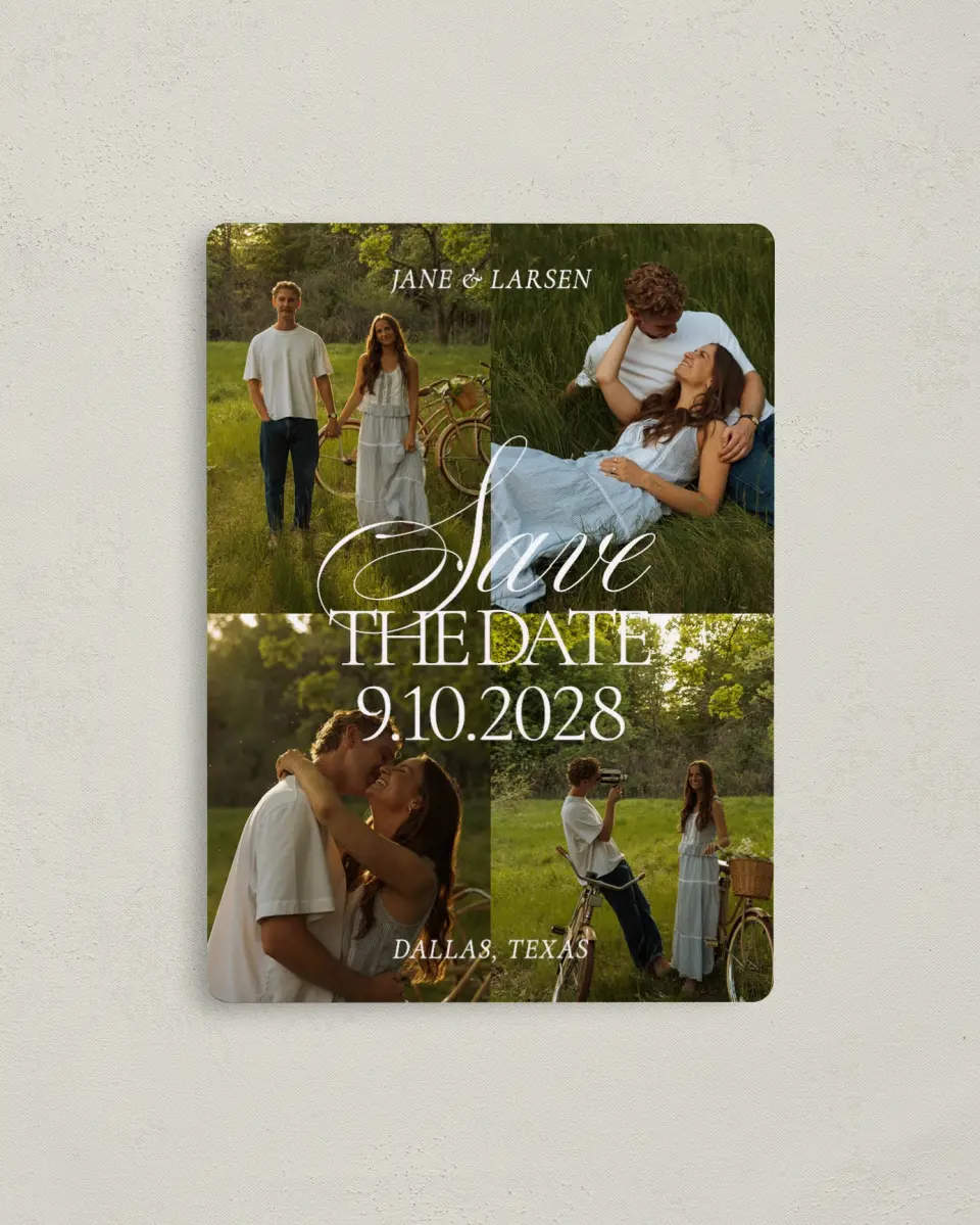 This is a 4" x 5½" Save the Date Magnet called Golden Hour printed in full color with a Luxe Satin finish